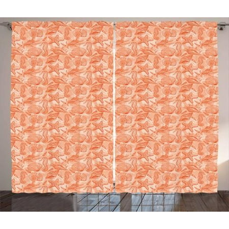 Shells Curtains 2 Panels Set Sketched Warm Colored Seahorse