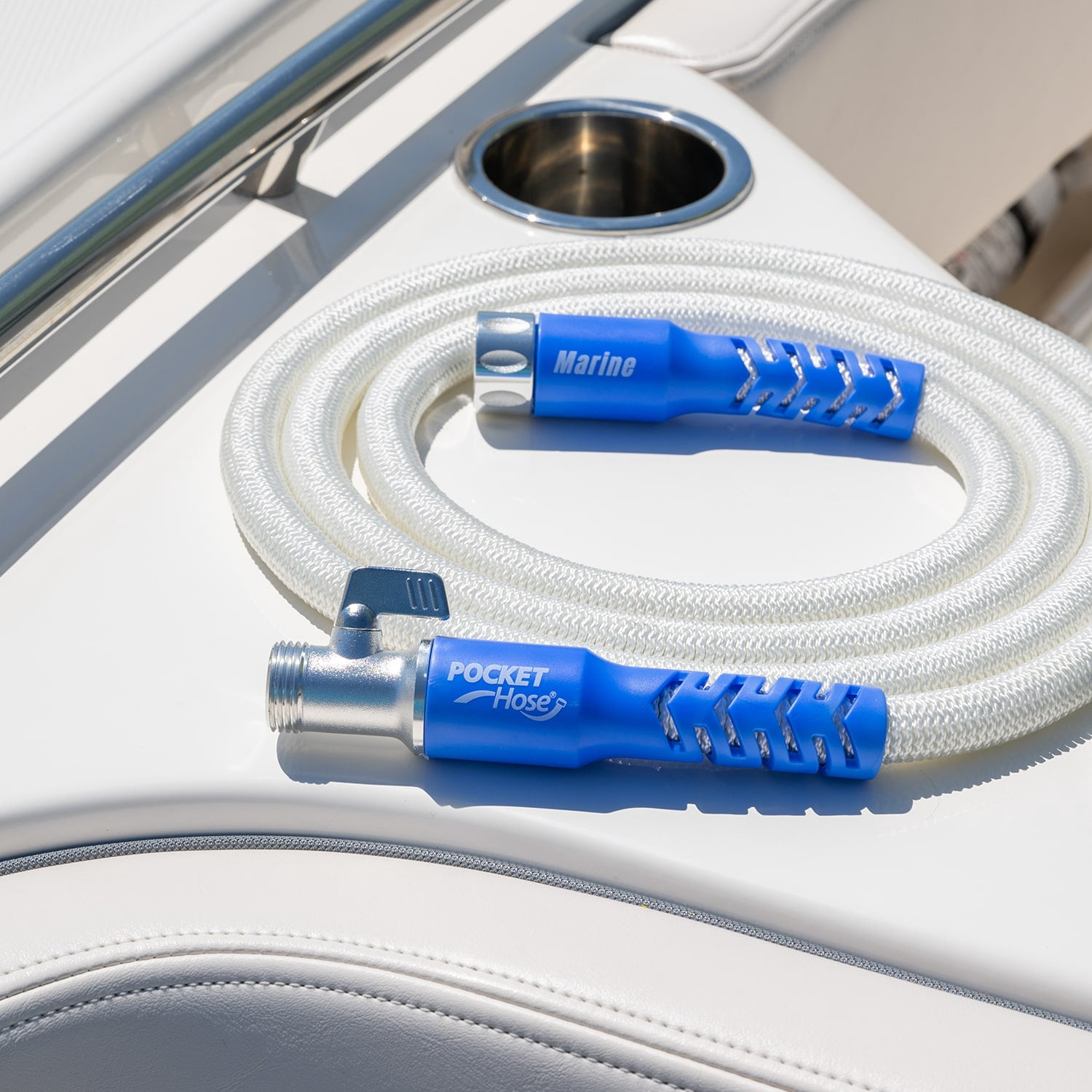 Pocket Hose Marine, Expandable, White, Scuff Free, 100ft, 3/4in, On/Off Valve, BONUS 10 Pattern Sprayer + Quick Dry Storage Bag AS SEEN ON TV Solid Aluminum/Lead-Free, Lightweight, No-Kink, All Boats