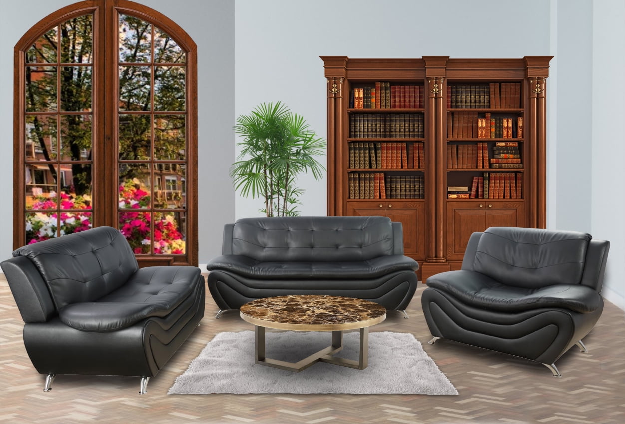 3 Piece Faux Leather Living Room Set, Black - Walmart.com
