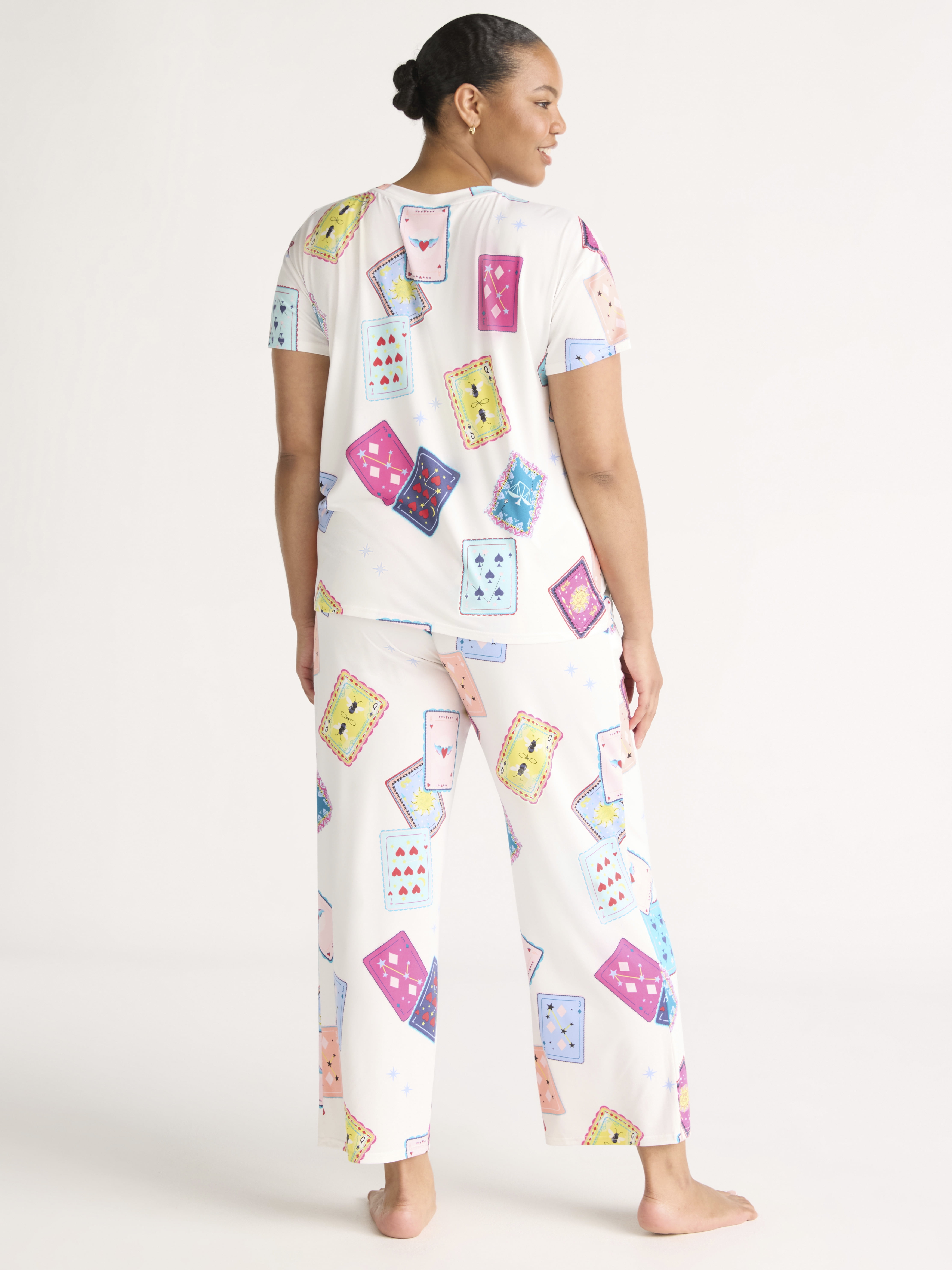 Joyspun Women's Short Sleeve Sleep Top and Open Leg Pants Pajama Set, 2-Piece, Sizes XS-3X