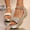 thumbnail image 2 of Rokmen Womens Glitter Metallic Rhinestones Pearl Orthopedic Dressy Sandals Bride Wedding Sparkly Ankle Strap Platform Wedge Dress Summer Shoes with Arch Support Gold Size 5.5, 2 of 7