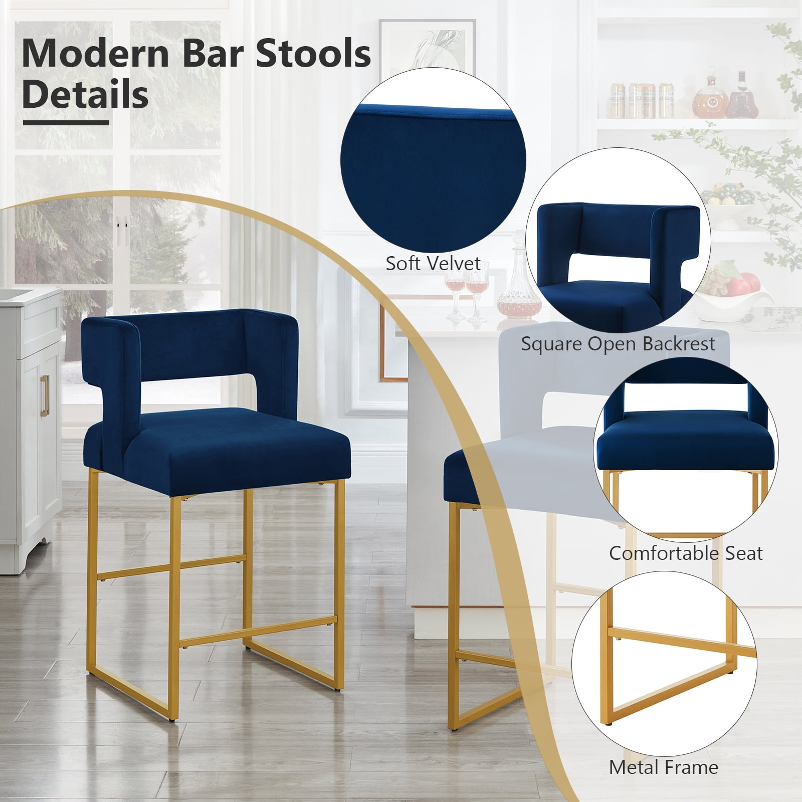 Lecut 26" H Counter Height Bar Stools Set of 2, Modern Velvet Bar Stools with Square Open Backrest and Gold Metal Frame, Kitchen Counter Stools for Island, Home Bar, Pub,Blue+Gold