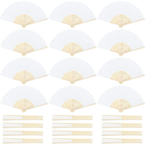 24 Pieces Handheld Paper Fans Paper Folding Fans with Bamboos for Wedding Gift, Party, Home, DIY, White… White