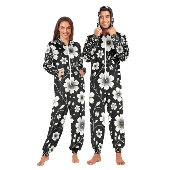 Retro White and Black Flowers Adult Onesie Pajamas Slim Fit Christmas One Piece Suit Pjs for Women and Men Hooded Zipper