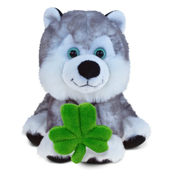 DolliBu Floppy Husky Stuffed Animal with Green Plush Shamrock, Cute Green Shamrock Plush, Fun St Patricks Day Stuffed Animal Black Bear, Good Luck St Patricks Day Toys for Kids, Baby - 7.5 Inches