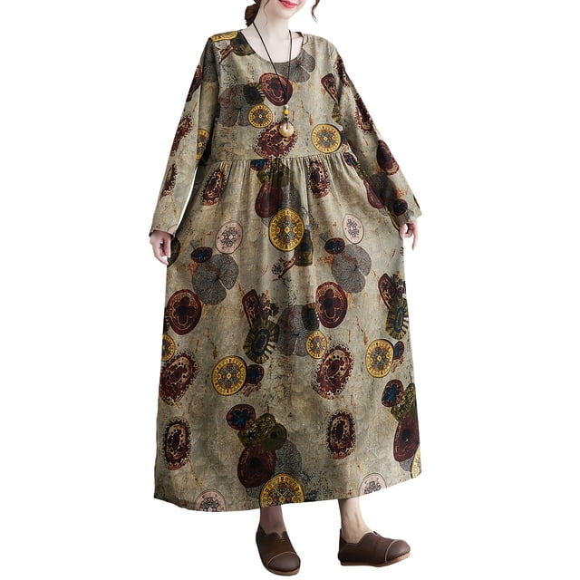 Vestido suelto vintage para mujer, manga larga, estampado, bolsillos laterales, vestido informal de Abanopi Extragrande