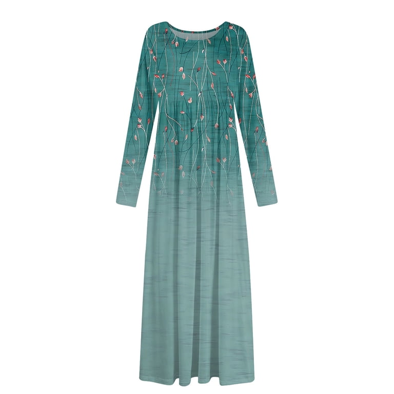 casual turquoise long dresses Listha Women's Maxi Dress Long Sleeve Crewneck Loose Plain Casual Empire Waist Fall Party Long Dresses with Pockets Turquoise M, Size: Medium