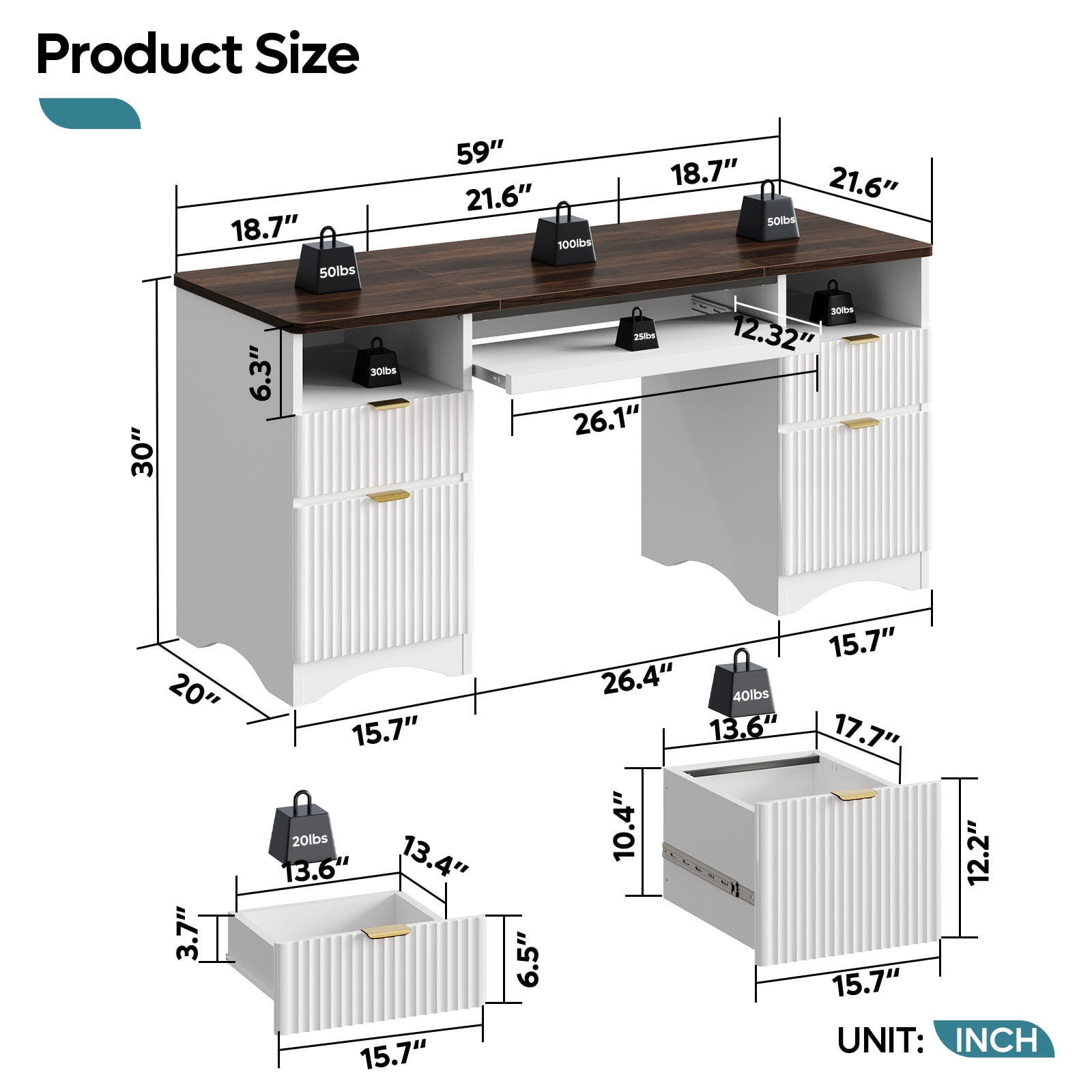 Bestier 59" Home Office Computer Desk with Keyboard Tray and Storage Drawers, Modern Executive Desk for Writing Reading, Walnut and White