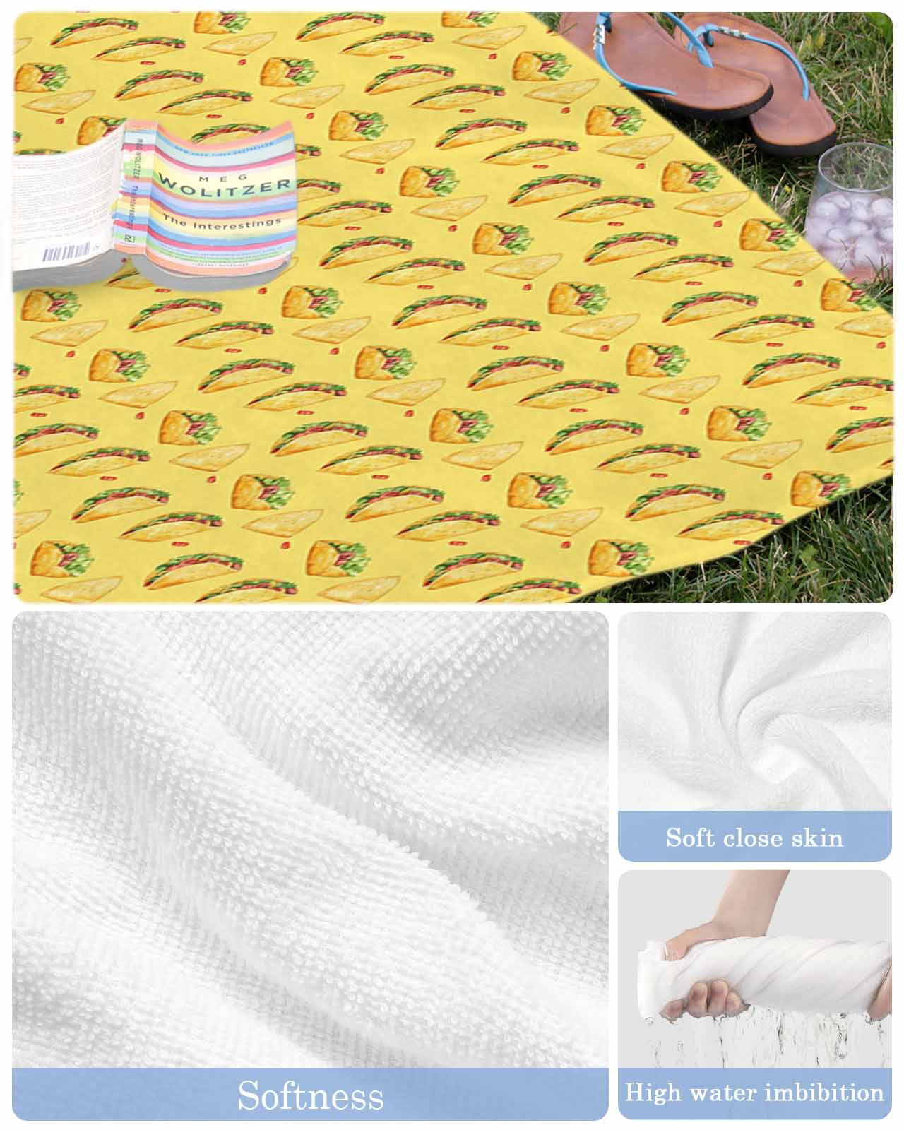 Yellow Tacos Beach Towels Oversized Super Absorbent, Cheese Vegetables Cartoon Food Lightweight Bath Towel Quick Dry Sets For Bathroom/Pool/Rv Camping/Beach Play/Gym Room/Picnic 23"x47"