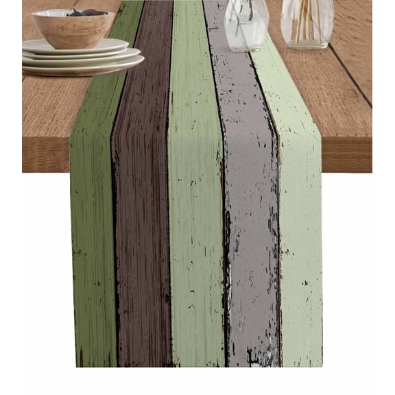 Sage Green Wooden Table Runner Cotton Linen 108 Inch Holiday Dresser Scarves, Grey Stripe Gradient Country Rustic Tablerunner for Kitchen Coffee Dining Bedroom Dinner Scarf Décor 13''x108''