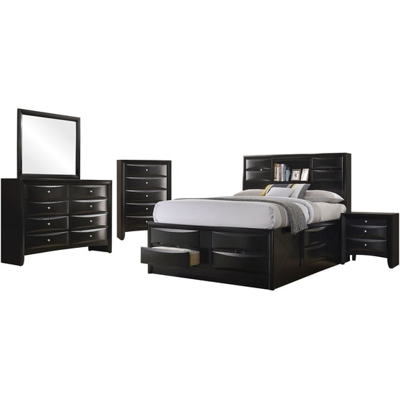 JERFIT 5-Piece Queen Bedroom Set with Storage, Black Wood Platform Bed, Dresser, Mirror, Chest & Nightstand