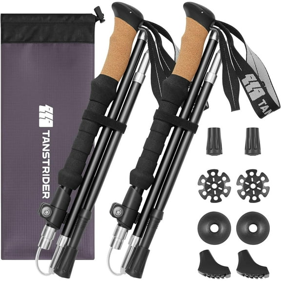 Collapsible Hiking Poles Folding Trekking Poles Walking Stick Lightweight Aluminum Hiking Gear with Metal Quick Lock,Cork Handle,Adjustable 2 PC Stick for Seniors Women Men