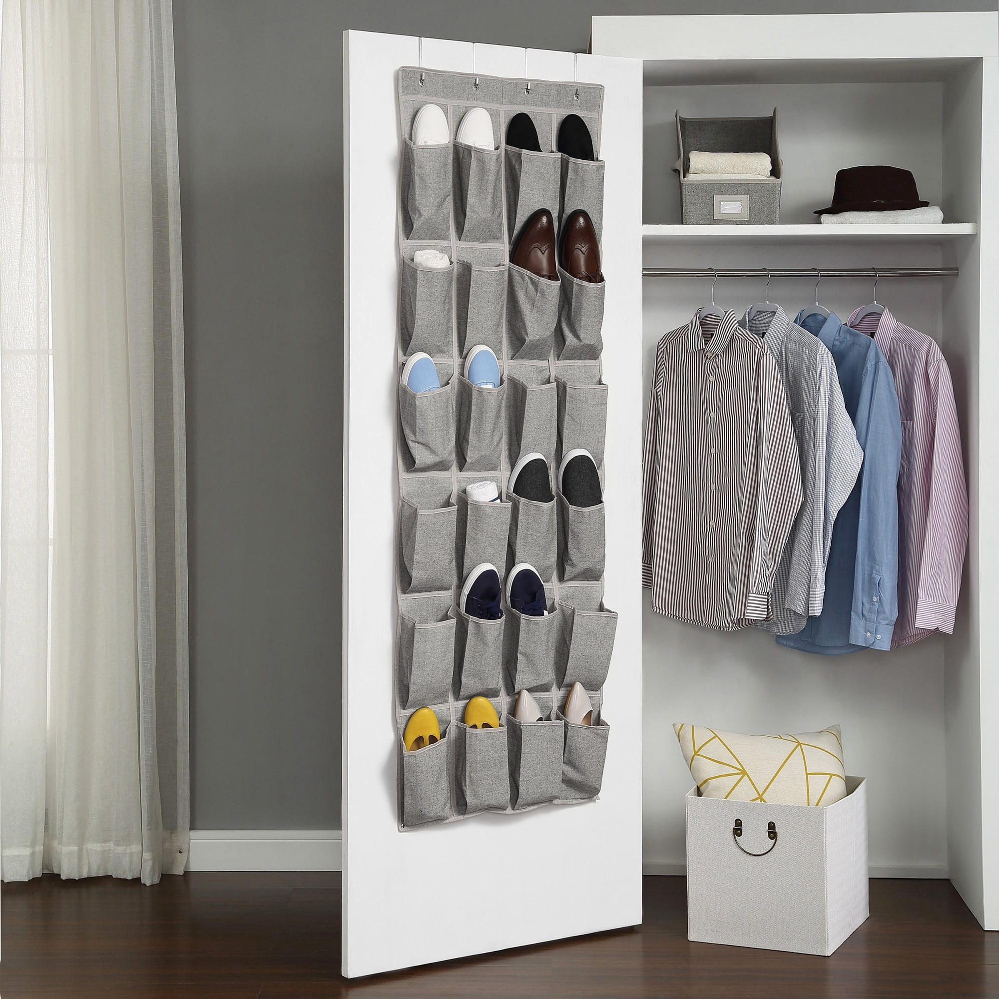 Better Homes & Gardens 24-Pocket Over-the-Door Shoe Organizer for Shoes and Accessories, Gray