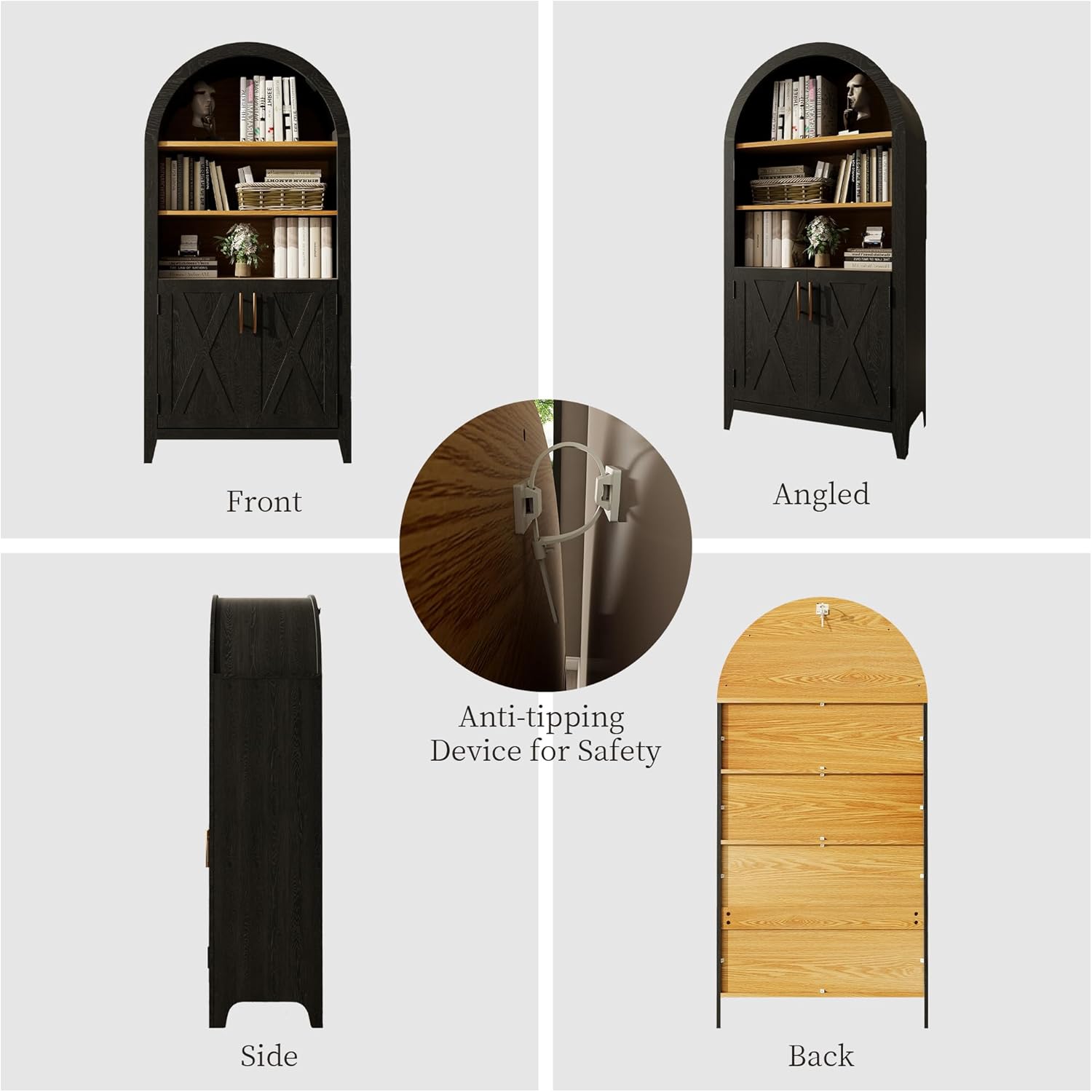 MAYEERTY 63" Arched Storage Cabinet with Beech Wood Door, 5 Tier Farmhouse Arched Kitchen Pantry with Storage for Dining Room, Living Room, Kitchen, Office