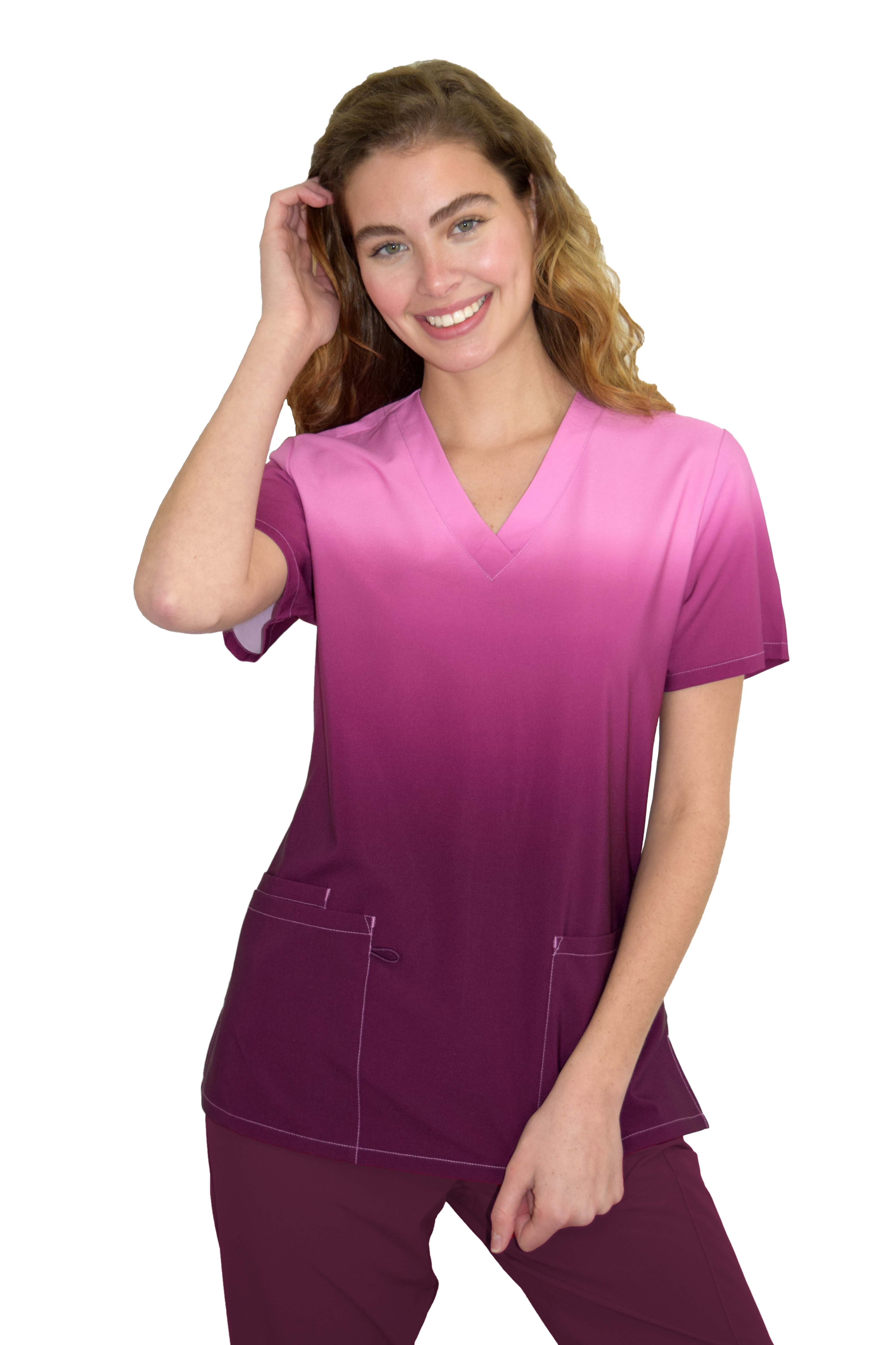 Womens Fashion Medical Nursing Scrub Tops Pink Base Colorful Shapes XL 