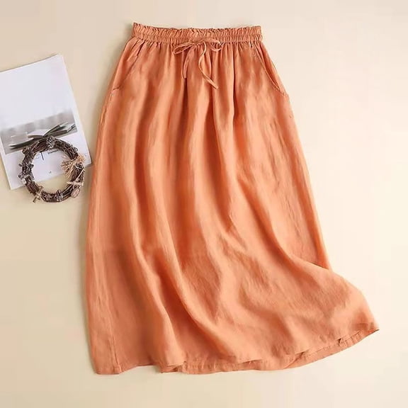Women's Casual Midi Skirt, Solid Color Elastic Drawstring Waist Long Skirt, Loose Fit Flowy Cotton Linen Blend Skirt for Beach Holiday and Daily Wear Orange L