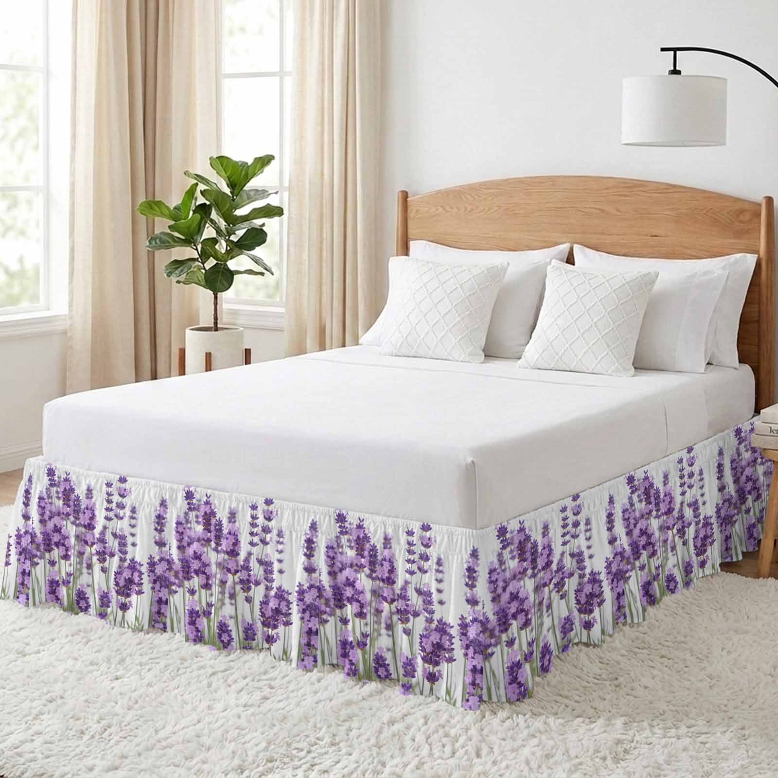 Bed Skirt Lavender Adjustable Elastic Wrap-Around Dust Ruffle with Purple Floral Leaves Plant White Background 18 Inch Drop, Bed Frame Cover for Queen Size Bed