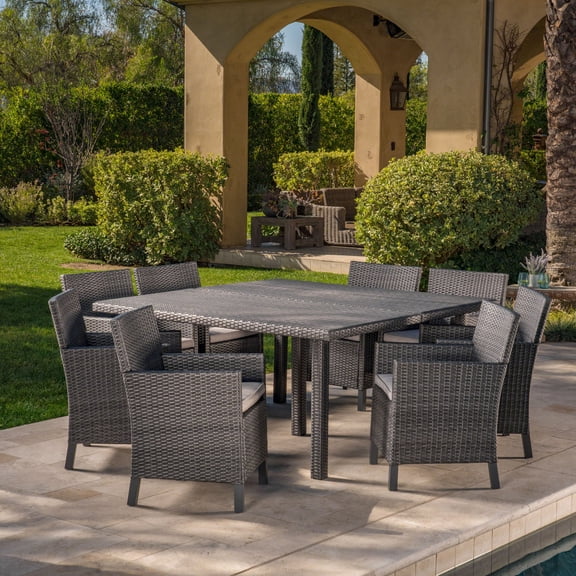 Alice Outdoor 9 Piece Wicker Square Dining Set with Water Resistant Cushions, Grey and Light Grey
