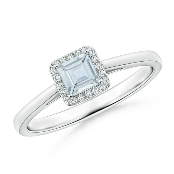 ANGARA Natural Classic Square Aquamarine Halo Ring in 14K White Gold for Women (Size-4mm) | March Birthstone, Birthday, Anniversary, Jewelry Gift for Women | Natural Aquamarine Ring