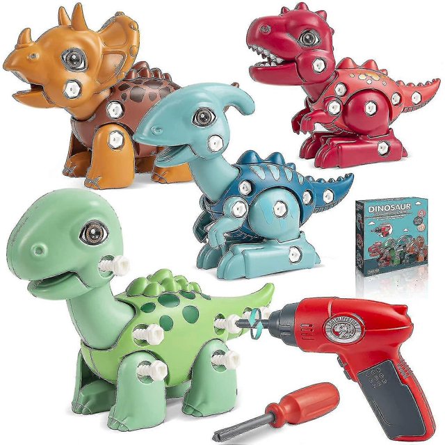 Juguetes de dinosaurios desmontables Sunrain compatibles con niños de 3 a 5 años, kit de juego de construcción de aprendizaje de tallos, juguetes para niños con taladro eléctrico 4 en 1