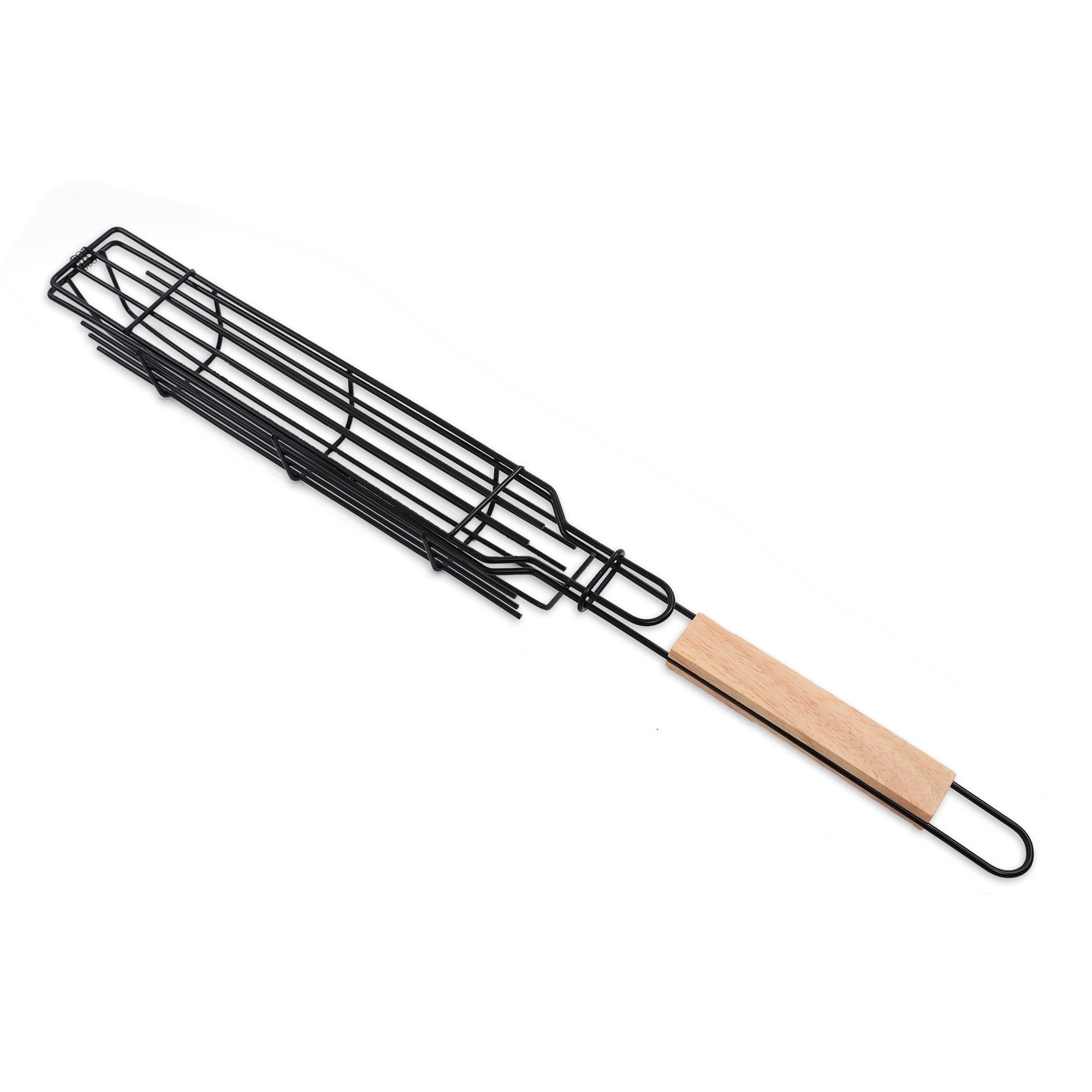 BRKURLEG Nonstick Kabob Grill Basket with Wooden Handles, Outdoor Lockable BBQ basket for Sausage, Vegetables, Fish, Shrimp, Chicken and Meat