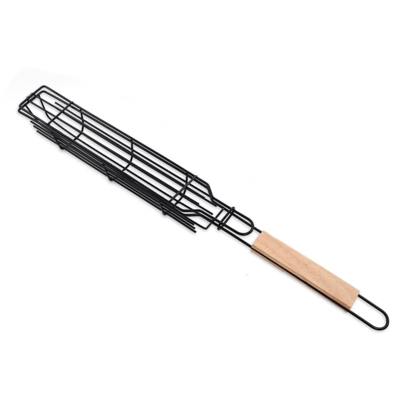 BRKURLEG Nonstick Kabob Grill Basket with Wooden Handles, Outdoor Lockable BBQ basket for Sausage, Vegetables, Fish, Shrimp, Chicken and Meat