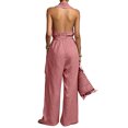 thumbnail image 5 of Cotton Linen Jumpsuits for Women Halter Deep V Neck Casual Rompers Tie Waist Wide Leg Loose Fit Summer Overalls with Pockets, 5 of 5