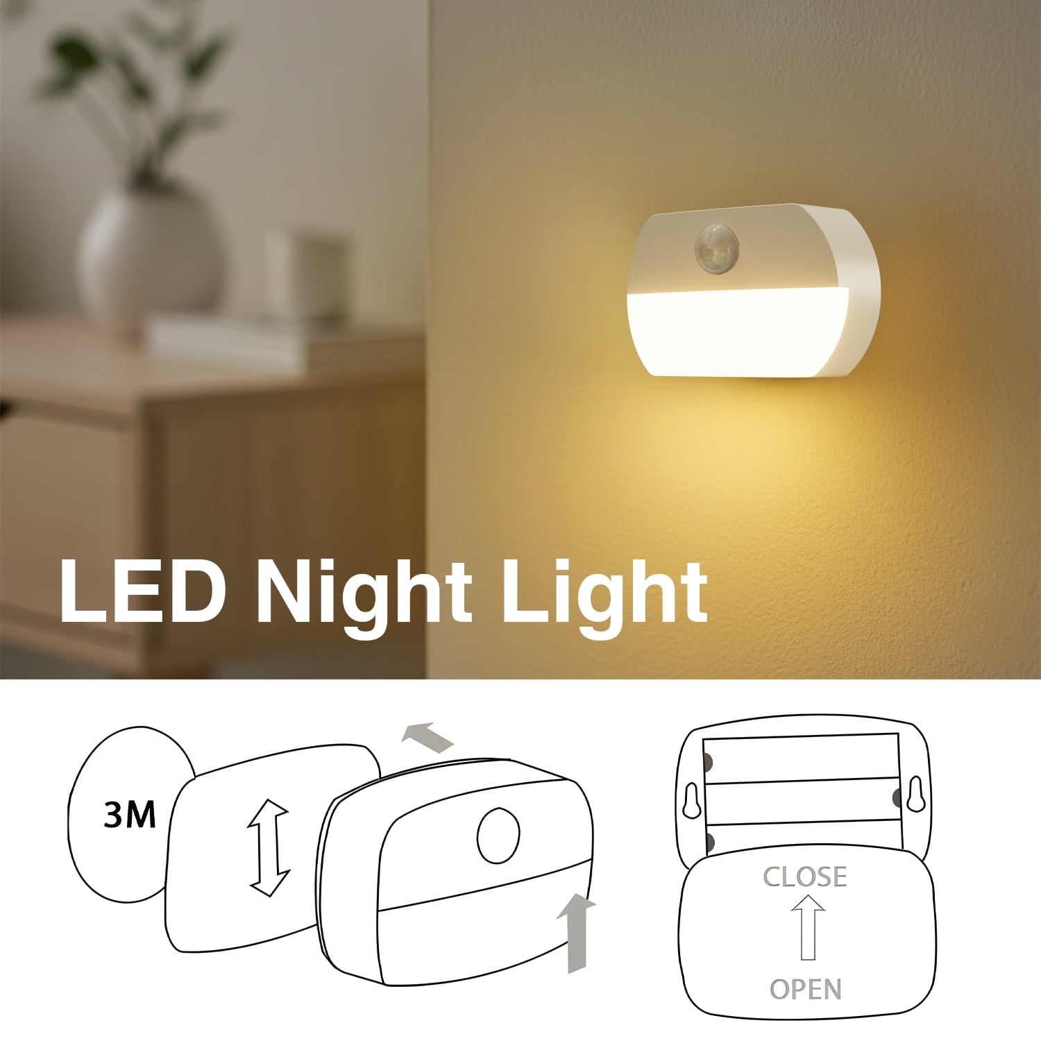DAYBETTER Motion Sensor Lights Indoor, Battery Operated Stair Lights, Warm White Stick on Anywhere Hallway Lamp, Portable Led Night Lights for Bedroom Under Cabinet Kitchen, 3 Pack