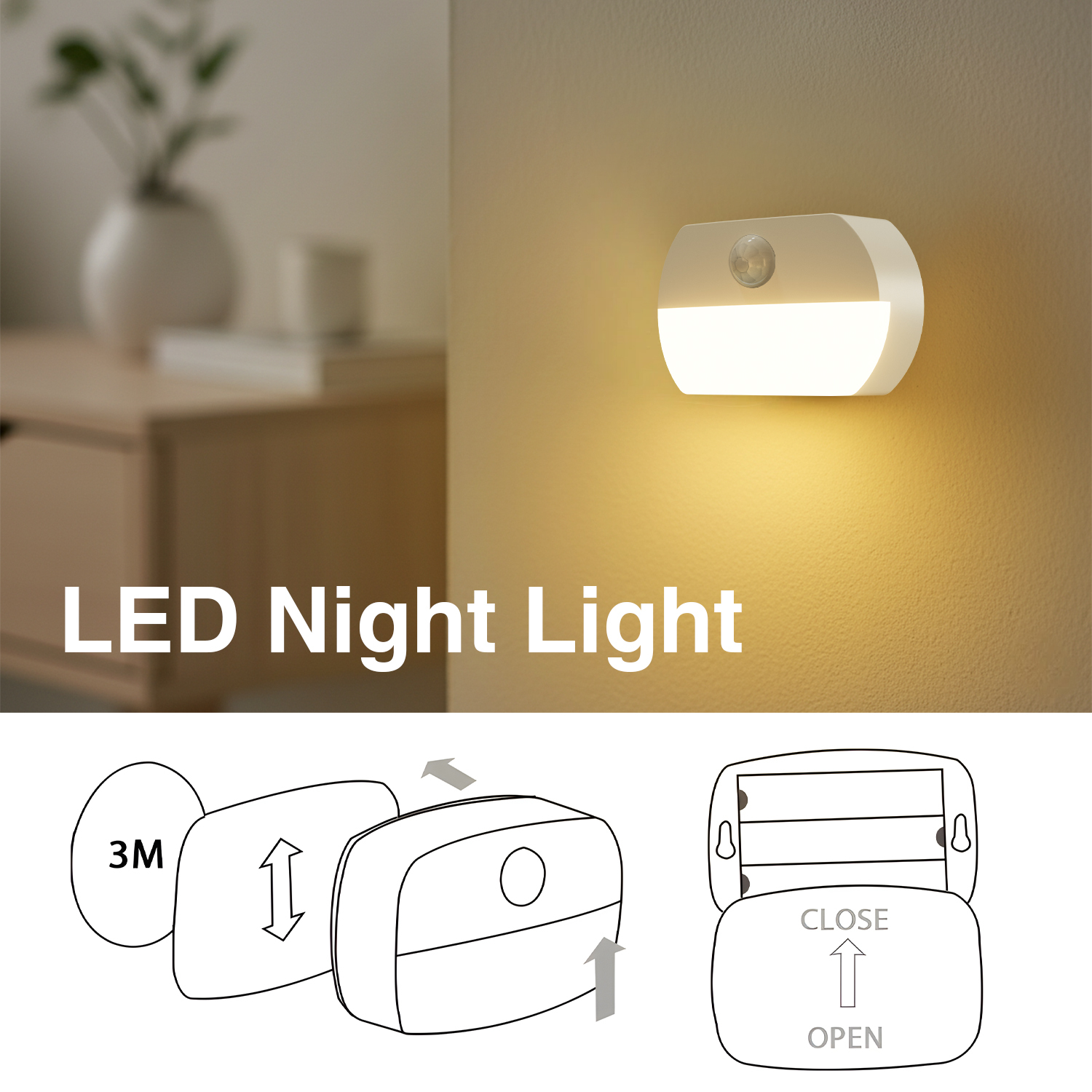 DAYBETTER Motion Sensor Night Lights, Warm White, 3-Pack photo 2