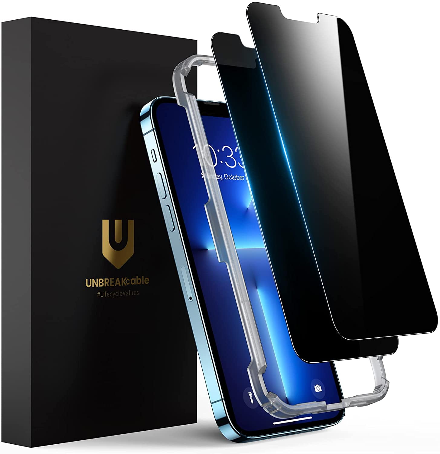 UNBREAKcable Shatterproof Tempered Glass Privacy Screen Protector for iPhone 14/13/iPhone 13 Pro [2-Pack][99.99% HD Clear][Gold 28°Anti-Spy][Easy Installation Frame][9H Hardness] for Apple 6.1''