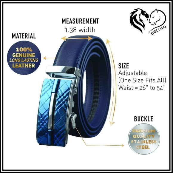 Celino Metallic Adjustable Ratchet Slide Buckle 100% Genuine Leather Belt for Men, One Size Fits All, Made in Europe