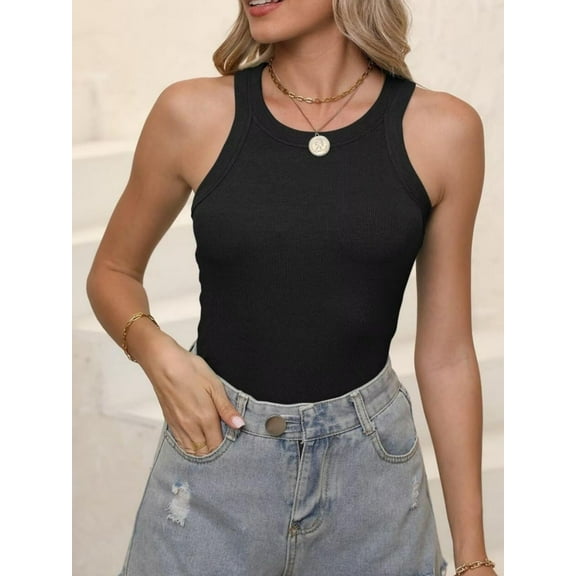 Women's Sleeveless Full Length Fitted Racerback Workout Crew Neck Basic Tank Top