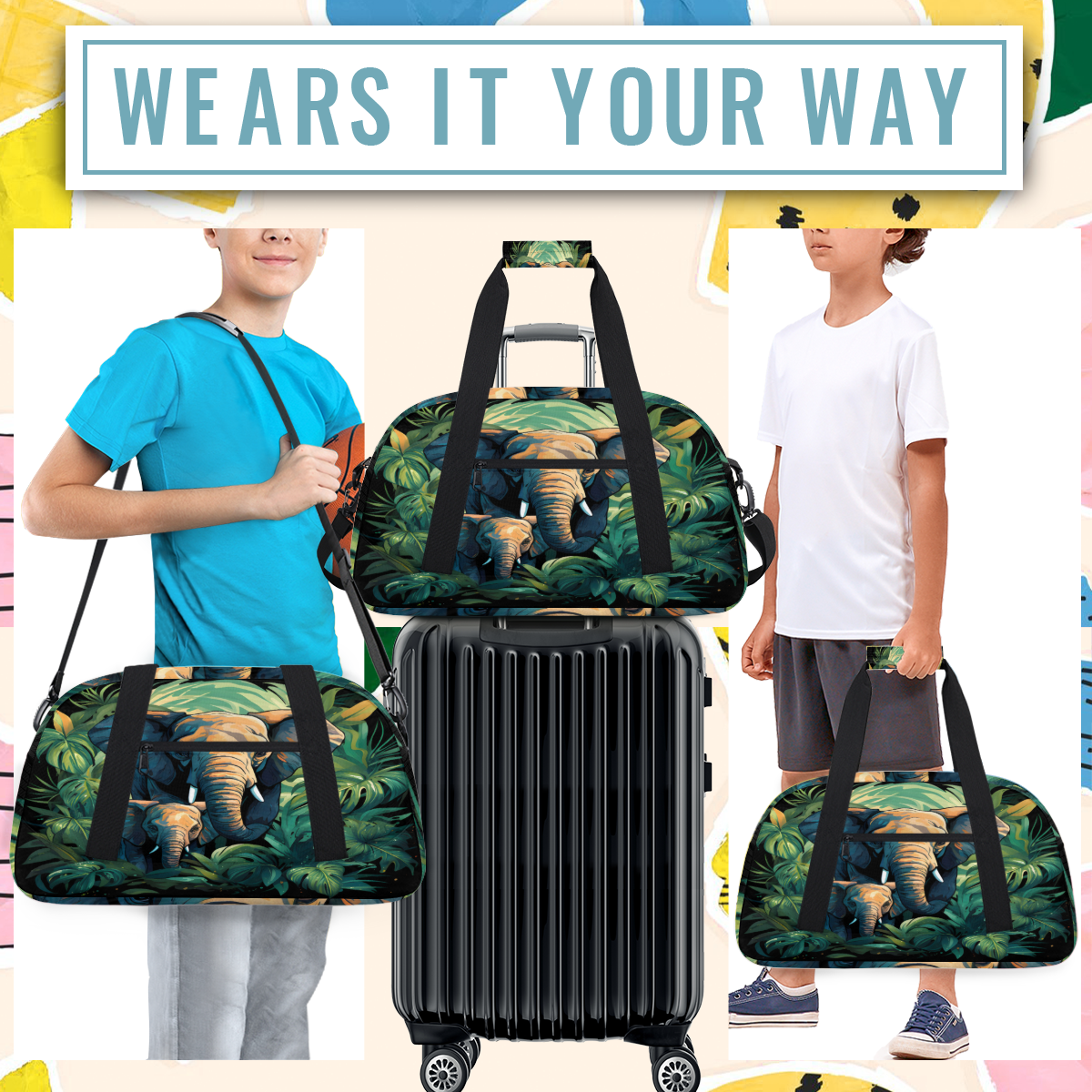 Herdesigns Sports Duffle Bags Travel Duffle Bag Gym Bag Jungle Elephant Weekender Travel Bag Waterproof Overnight Bag Carry On Travel Tote Bag Dance Bags
