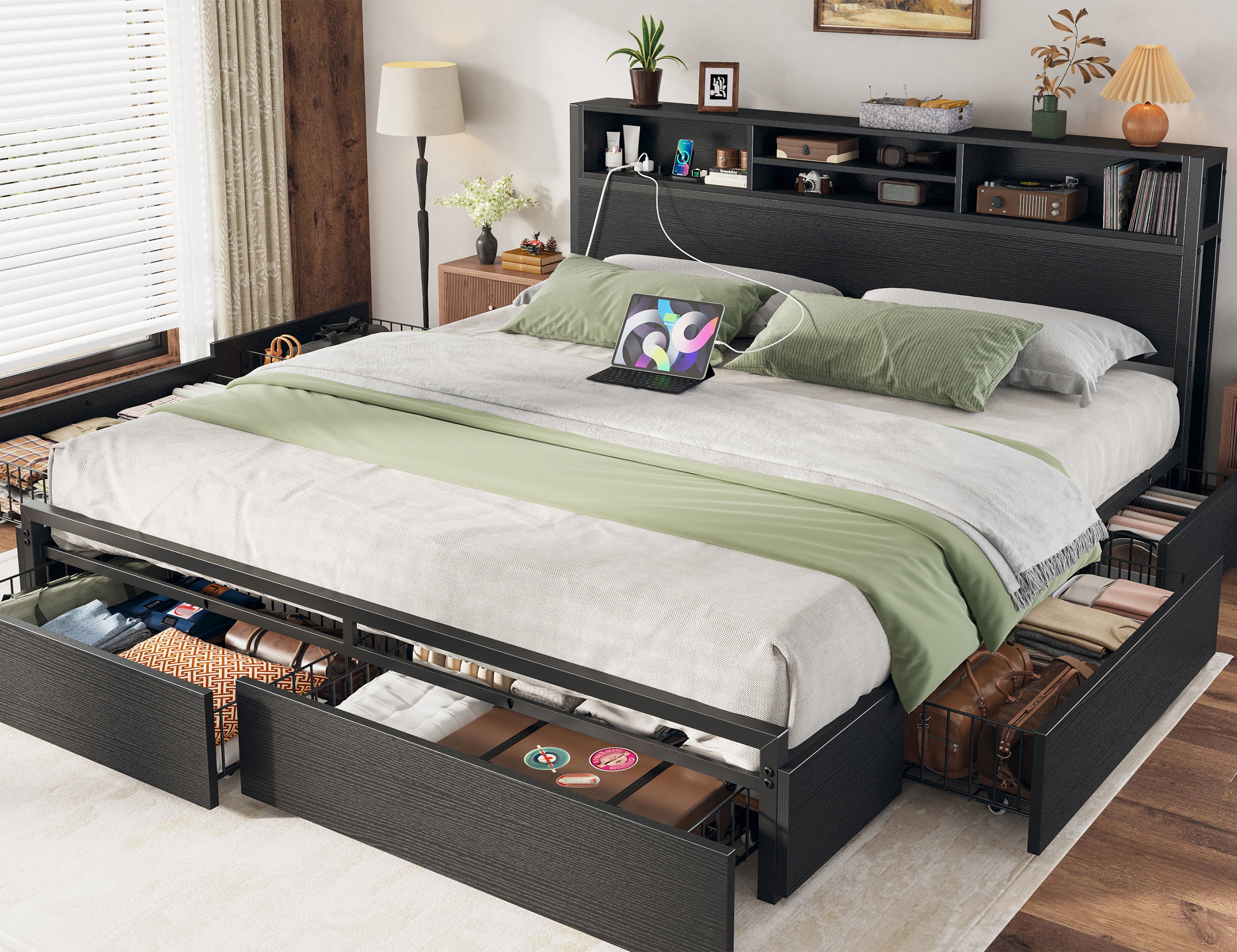 EnHomee King Metal Platform Bed Frame with 6 Storage Drawers & Storage Shelf & Charge Station,Black