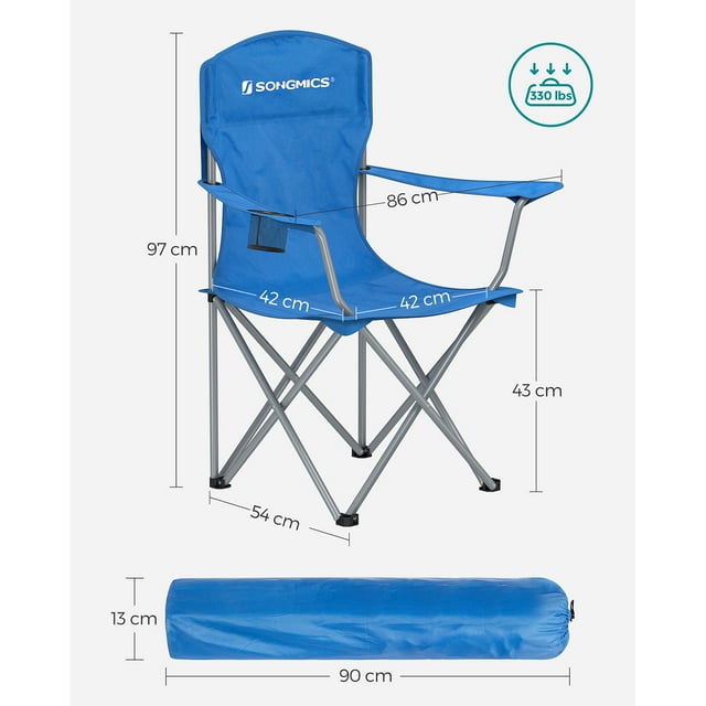 SONGMICS Silla de Camping, Juego de 2 Sillas de Exterior, Respaldo Alto, Apoyabrazos, Bolsillo para Tazas, Portátil, Plegable, Carga de 330 lbs, Acampada, Jardín, Pesca, Terraza, Azul