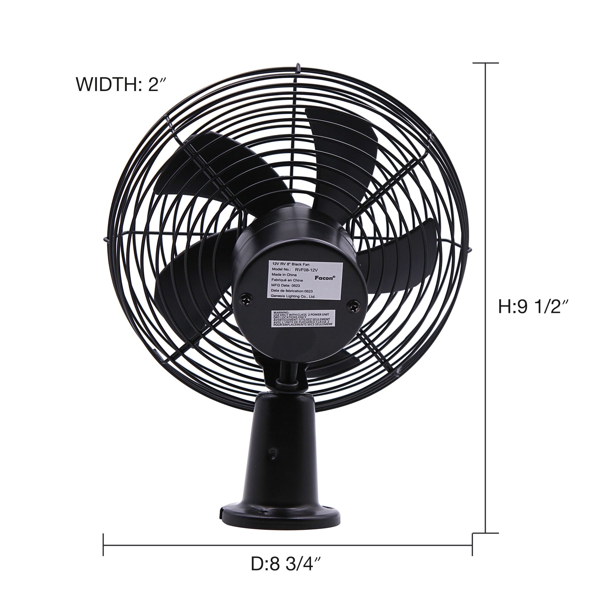 Facon 12V RV Cooling Fan with 2 Speed Switch, Dia: 8-3/4’’, Heavy Duty Black Metal Car Fan, for Auto Truck, RV, Camper, Trailer, Car, Buses and Boats ( Pack of 2 )