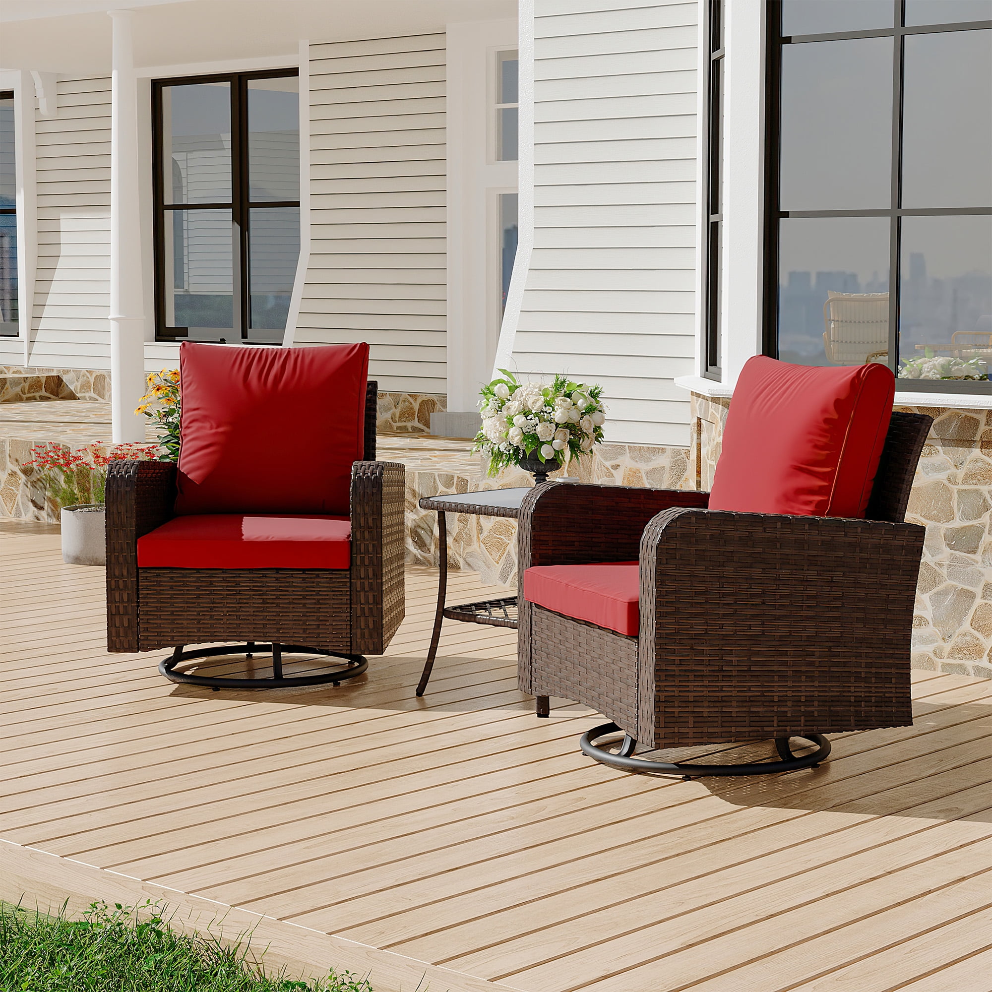 Homrest 3 Piece Outdoor Swivel Chairs -All Weather Wicker Patio bistro table and chairs set of 4 Small Patio Furniture Set for Balcony Porch Deck Backyard (Wine Red)