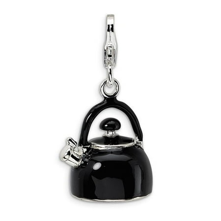 Sterling Silver 3-D Enameled Black Tea Kettle with Lobster Clasp Charm (0.6in)