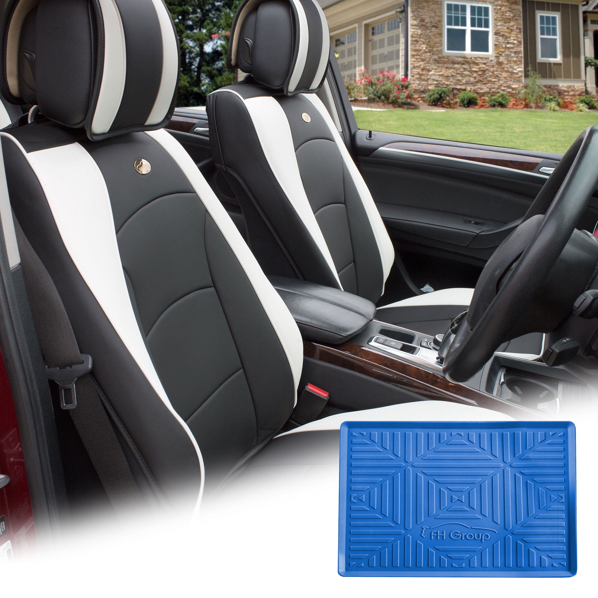 FH Group Black White Leatherette Front Bucket Seat Cushion Covers for Auto Car SUV Truck Van ...