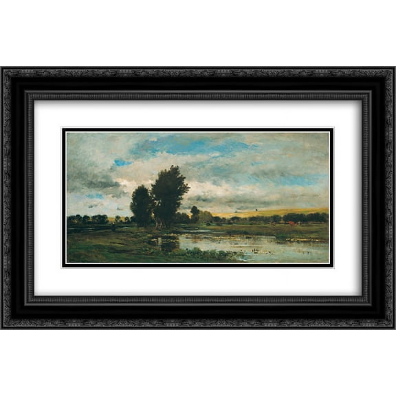 Charles Francois Daubigny 2x Matted 24x18 Black Ornate Framed Art Print 'French River Scene'