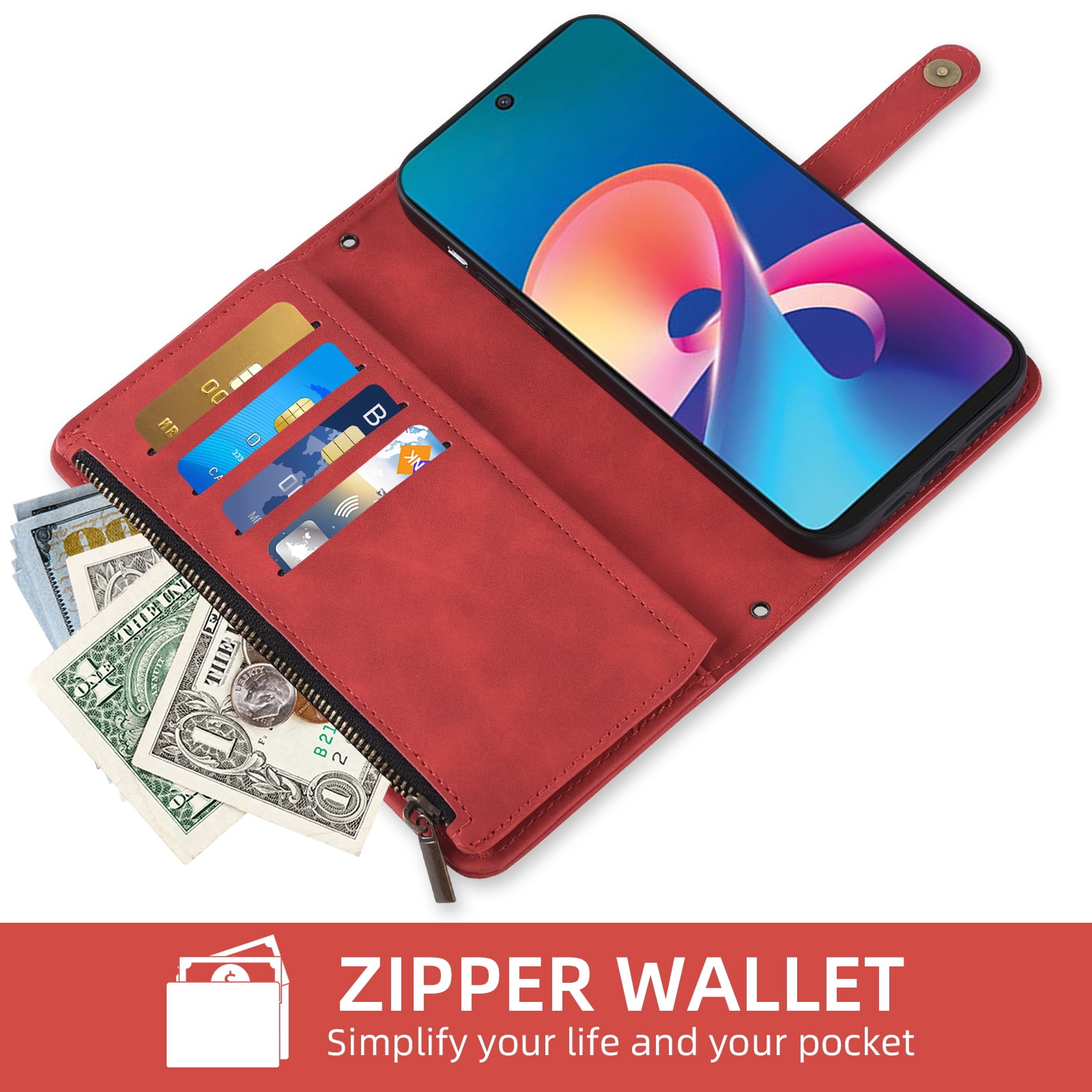 Asuwish Phone Case for TCL 50 XE/TLC 50XE NxtPaper 5G Wallet Cover With Tempered Glass Screen Protector Flip Pattern Zipper Credit Card Holder Stand Cell TCL50XE5G EX T614SP T614D T614WS Women Red