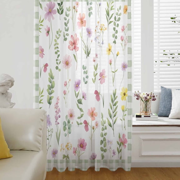 Spring Floral Sheer Curtains 63 Inches Long for Living Room/Bedroom, Pink Flowers Sage Green Plaid Pastoral Rod Pocket Voile Kitchen Curtains & Drapes Window Treatment 1 Panel, 52"W x 63"L