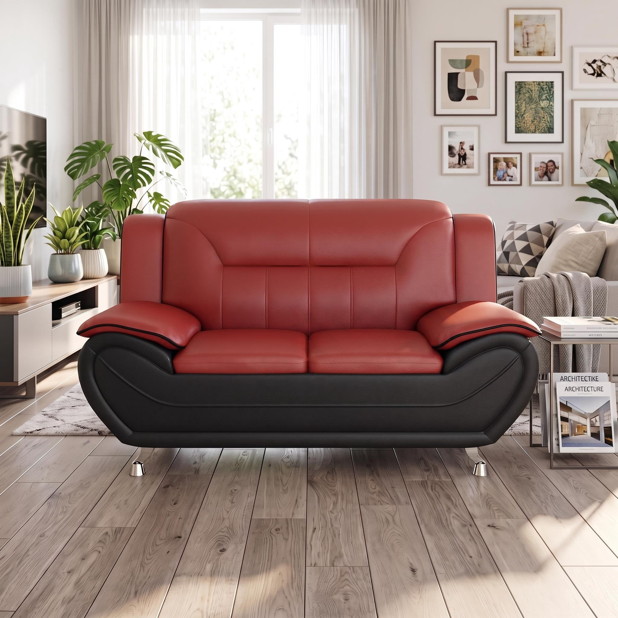 Wakefit 61"W Modern Faux Leather Loveseat,Upholstered 2-Seater Sofa Couch with Stainless Steel Legs for Living Room,Apartments,Red & Black