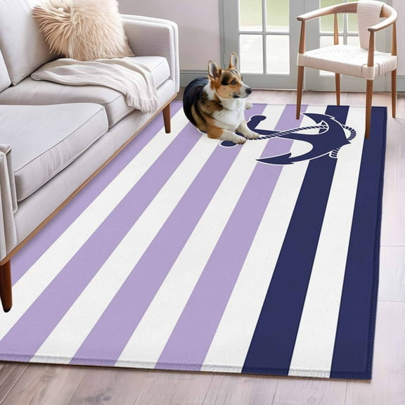 Anchor Purple Area Rug 3x5 Washable Rug Non Slip Modern Navy Blue White Striped Nautical Large Area Rug Indoor Floor Carpet for Entryway Bedroom Kitchen Living Room Home Office Dining Room Nursery