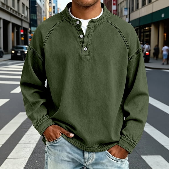 COSFO Denim Big And Tall T Shirts for Men Fall Vintage Long Sleeve Shirts Pullover Loose Fit Henley Solid Button Shirts for Men