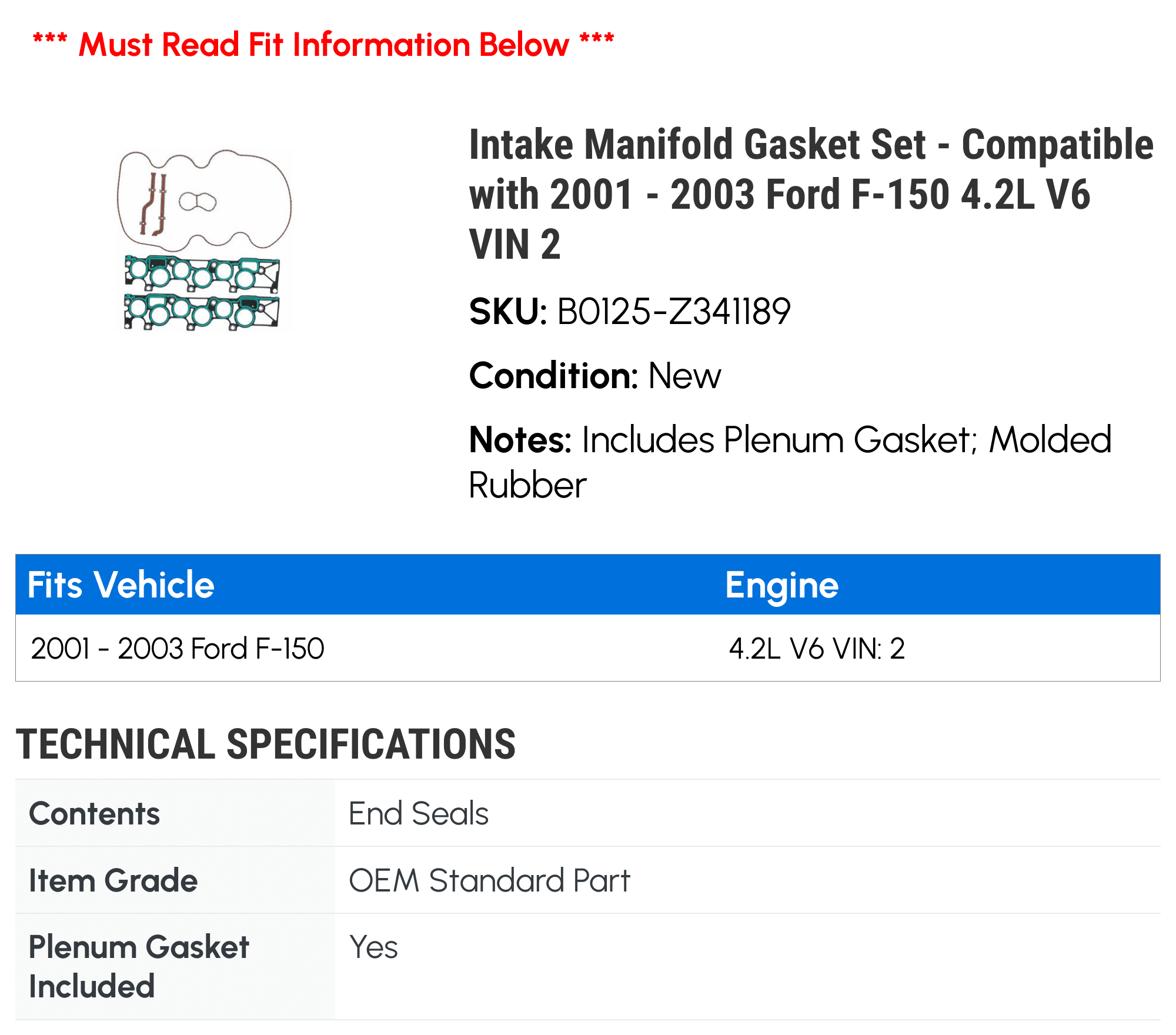 Intake Manifold Gasket Set - Compatible with 2001 - 2003 Ford F-150 4.2L V6 VIN 2 2002