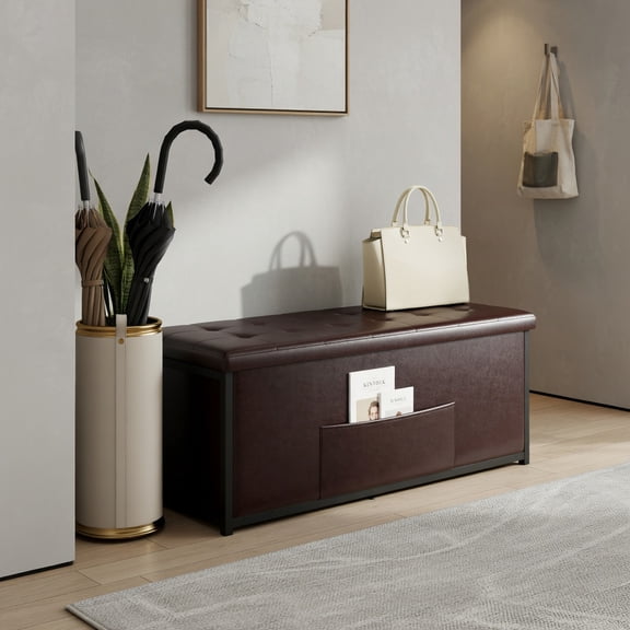 Resenkos 45 Inches Large Folding Ottoman Storage Seat - Brown, Folding Footstools,Multi-Functional Ottoman for Entryway, Bedroom, and Living Room