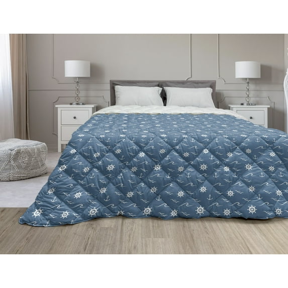 Nautical Blue Down Alternative Comforter, Monochrome Simple Design of Waves Deep Ocean Marine Life Love, Microfiber Quilt for All Season, 5 Sizes, Sea Blue Pale Sky Blue, by Ambesonne