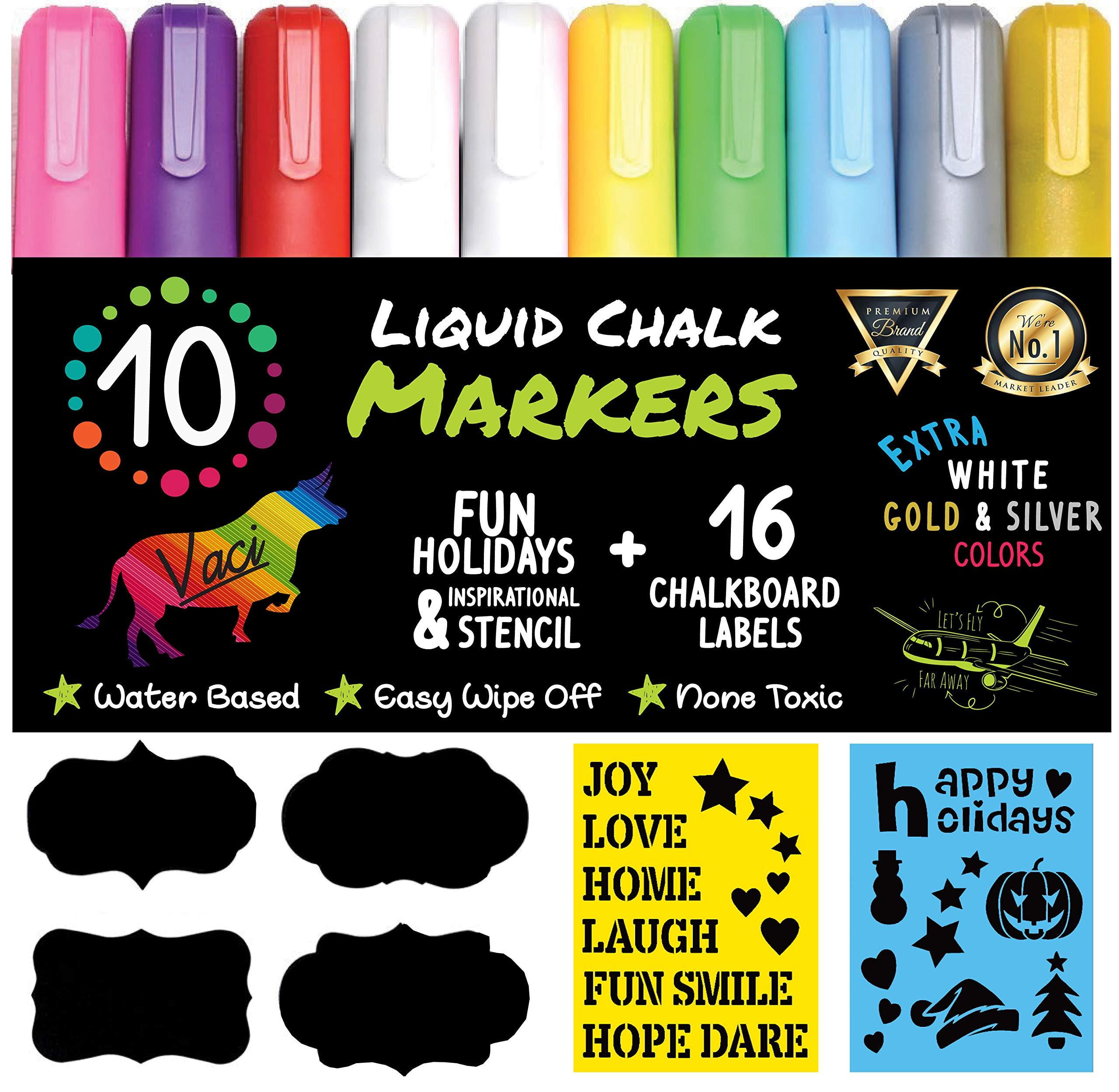 Chalk Markers by Vaci, Pack of 10 + Drawing Stencils + 16 Labels