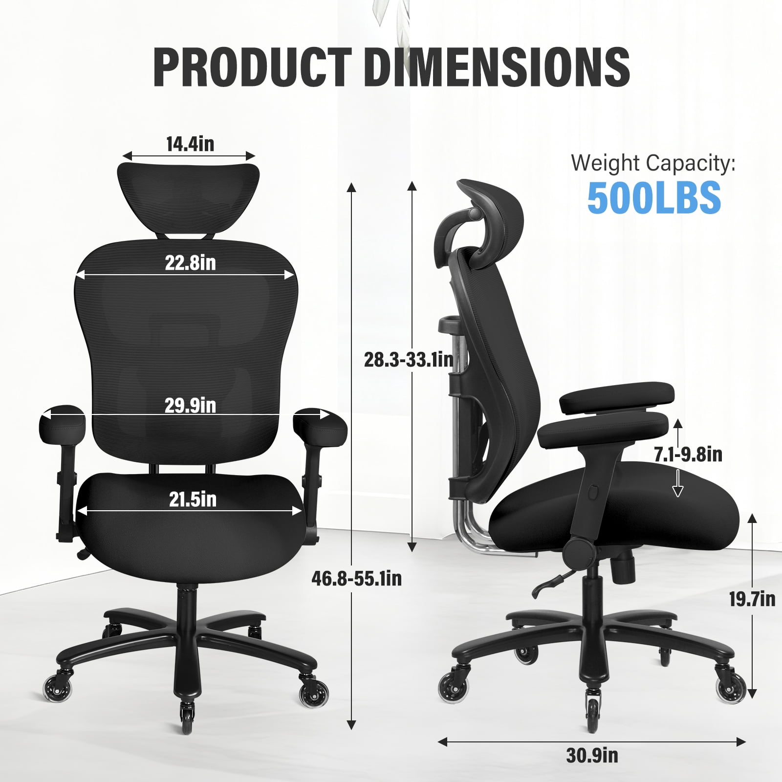 500LBS Big and Tall Office Chair Mesh Breathable, Gaming Chair with Adjustable Backrest Height & Headrest Angle & Adaptive Lumbar Lupport, Executive Computer Desk Chair with 2D Flip-Up Arms, Black